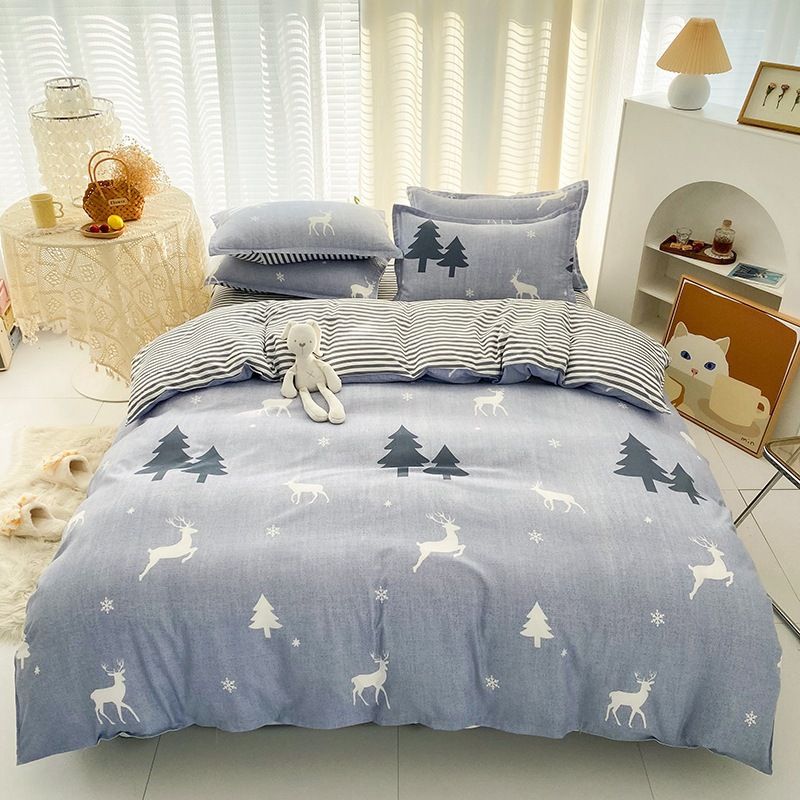 3/4pcs Fashion Christmas Elk Deer Print Duvet Cover Set (NO Duvet&Pillow) Washed Cotton Cozy Durable Bedding Sets without quilt pillow