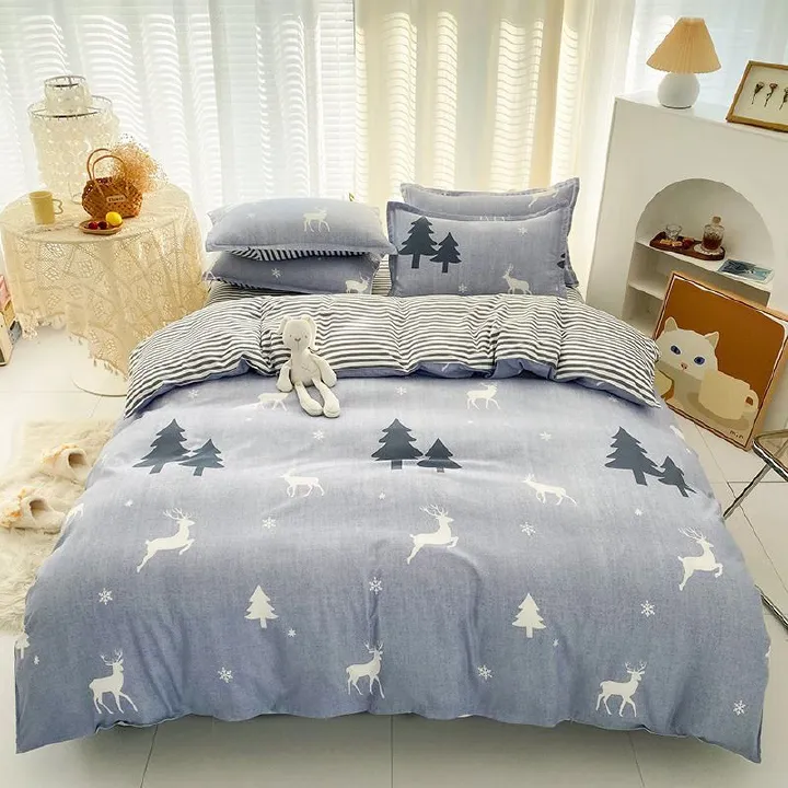 3/4pcs Fashion Christmas Elk Deer Print Duvet Cover Set (NO Duvet&Pillow) Washed Cotton Cozy Durable Bedding Sets without quilt pillow