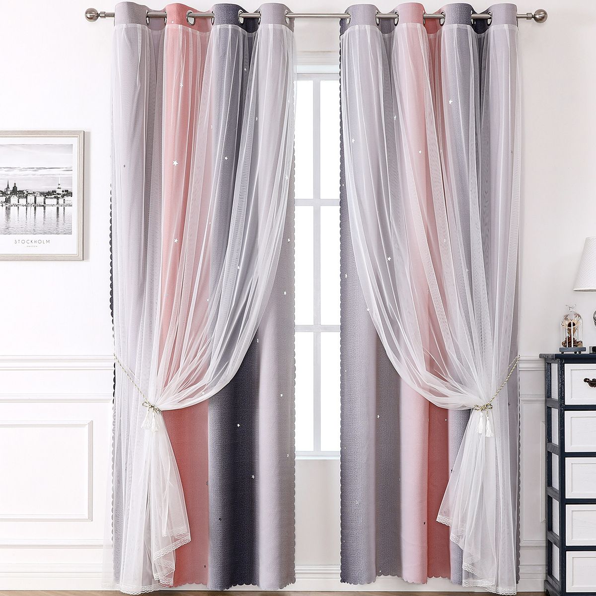 1pc Rainbow Ombre Star Cutouts Blackout Curtains High Blackout Curtains Grommet Top Double Layer Sheer Overlay Window Treatment
