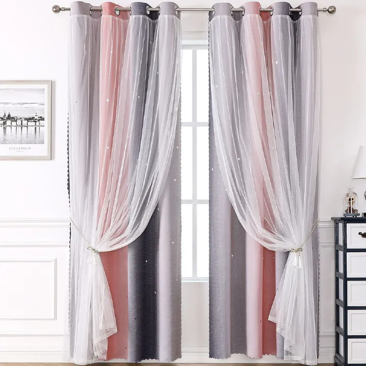 1pc Rainbow Ombre Star Cutouts Blackout Curtains High Blackout Curtains Grommet Top Double Layer Sheer Overlay Window Treatment