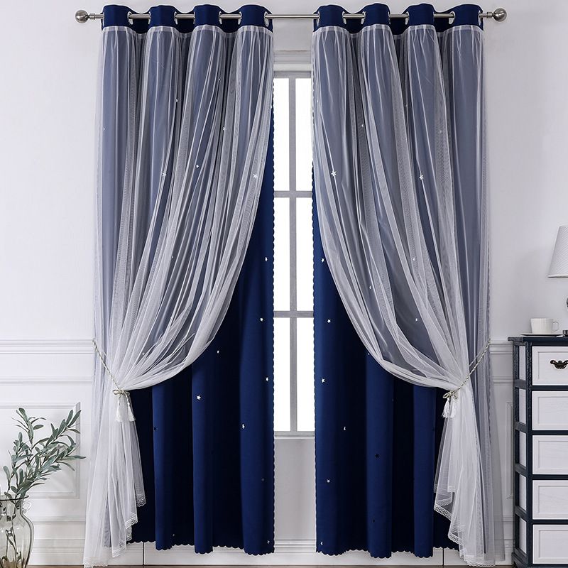 1pc Romantic Hollow-Out Stars Window Curtain Double Layer Blackout Curtains Grommet Top Window Treatment Curtain Panels for Living Room Bedroom