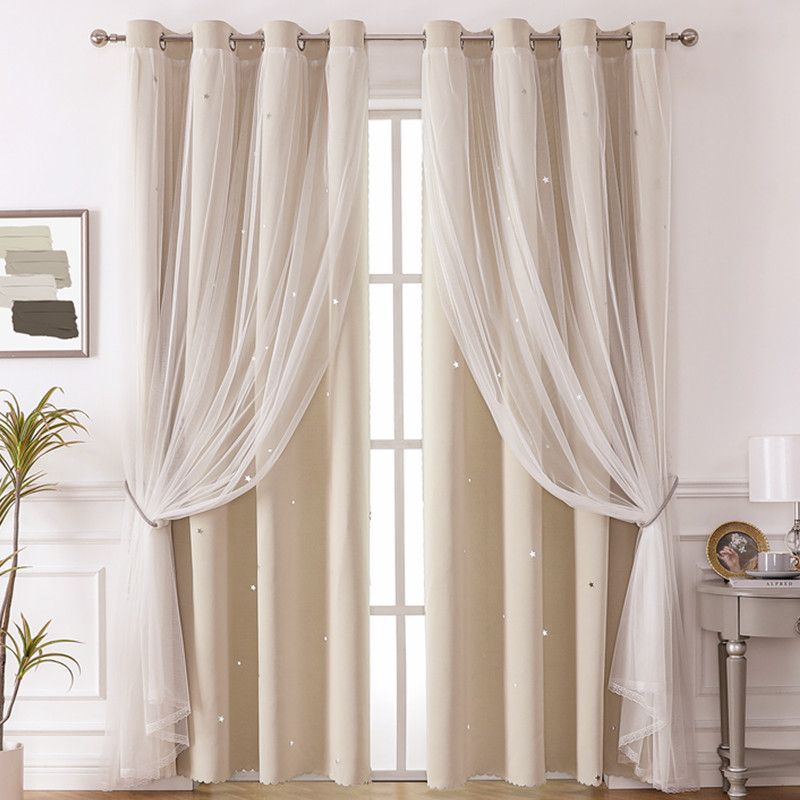1pc Romantic Hollow-Out Stars Window Curtain Double Layer Blackout Curtains Grommet Top Window Treatment Curtain Panels for Living Room Bedroom