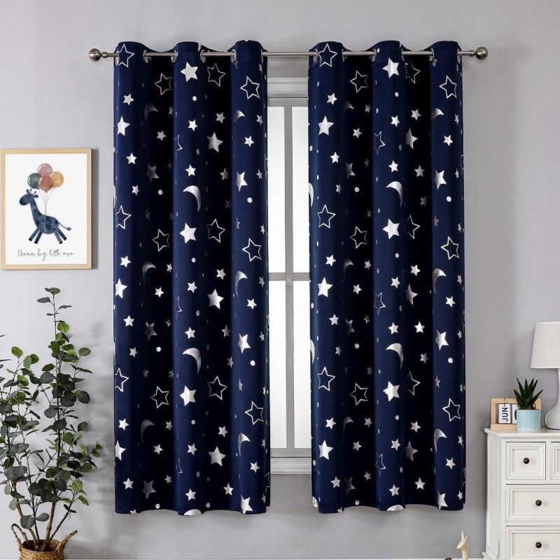1pc Navy Blue Star Blackout Curtains Room Darkening Themed Insulated Space Curtains with Silver Star Moon Grommet Thermal Insulating Drapes