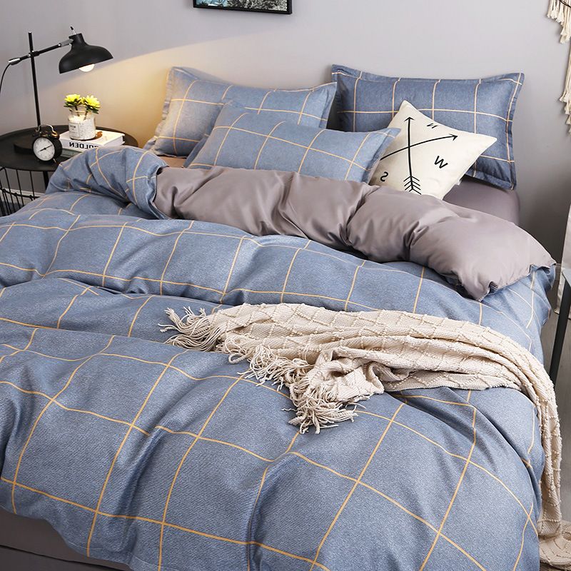 3/4pcs Washed Cotton Duvet Cover Set (NO Duvet&Pillow) Home Grey Grid Bed Sets Skin-friendly Comforter Covers