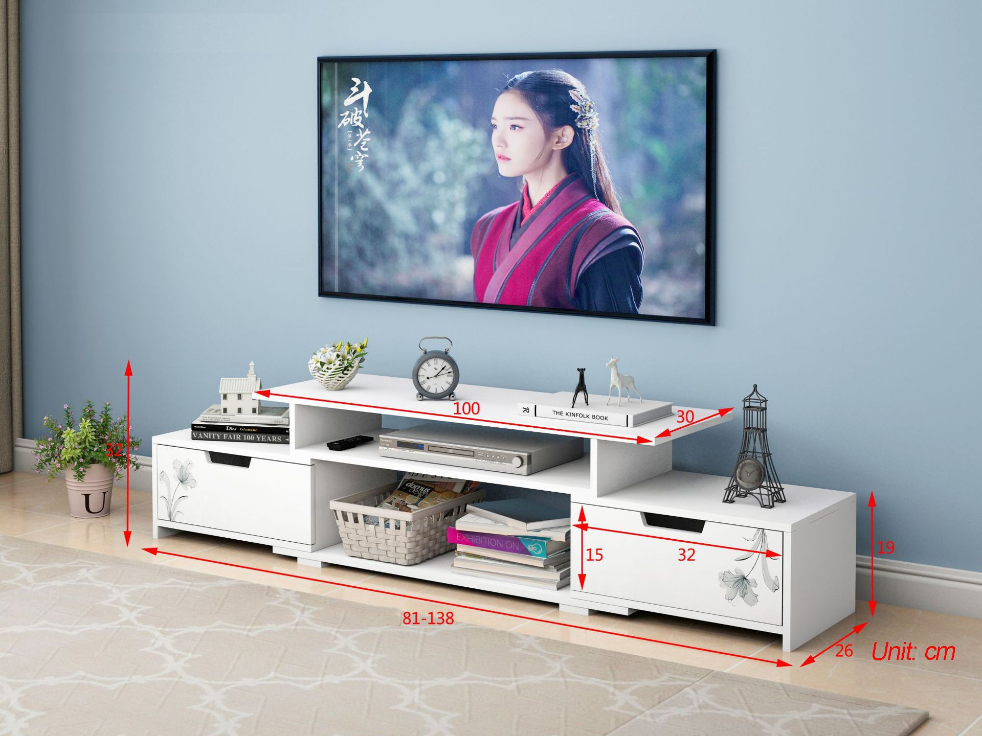 Modern Wooden Simple Tv Stands TVs up to 55" Luxury Living Room TV Cabinet Retractable Tv MDF Entertainment Center with Storage Shelves