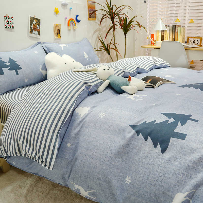 3/4pcs Fashion Christmas Elk Deer Print Duvet Cover Set (NO Duvet&Pillow) Washed Cotton Cozy Durable Bedding Sets without quilt pillow