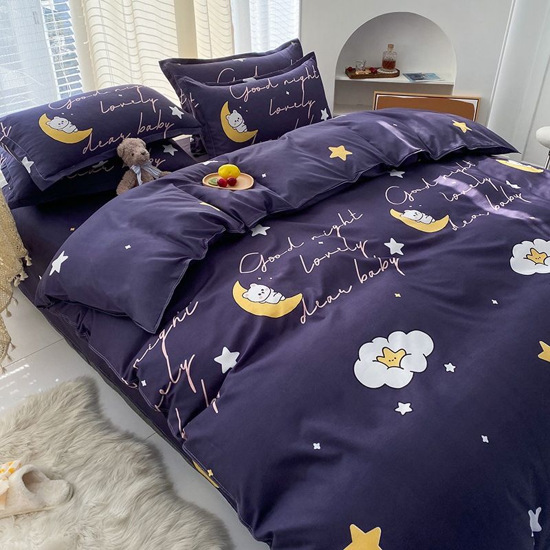 3/4pcs 100% Washed Cotton Duvet Cover Set (NO Duvet&Pillow) Star Moon Night Print Soft Breathable Bedding Set