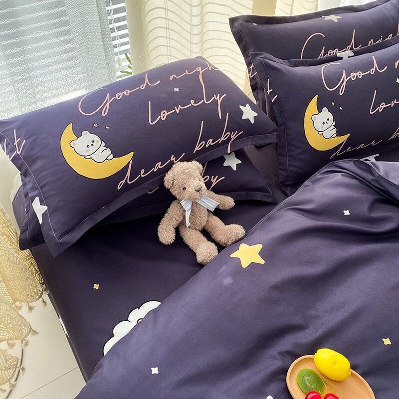 3/4pcs 100% Washed Cotton Duvet Cover Set (NO Duvet&Pillow) Star Moon Night Print Soft Breathable Bedding Set