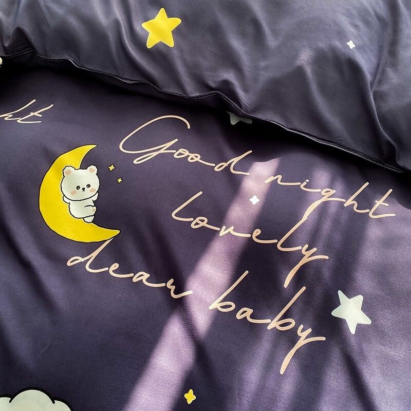 3/4pcs 100% Washed Cotton Duvet Cover Set (NO Duvet&Pillow) Star Moon Night Print Soft Breathable Bedding Set