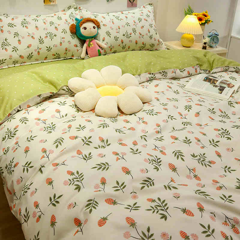 3/4pcs 100% Washed Cotton Duvet Cover Set (NO Duvet&Pillow) Flower Printed Autumn Comforter Cover Set Twin Size Soft Breathable Bedding Set