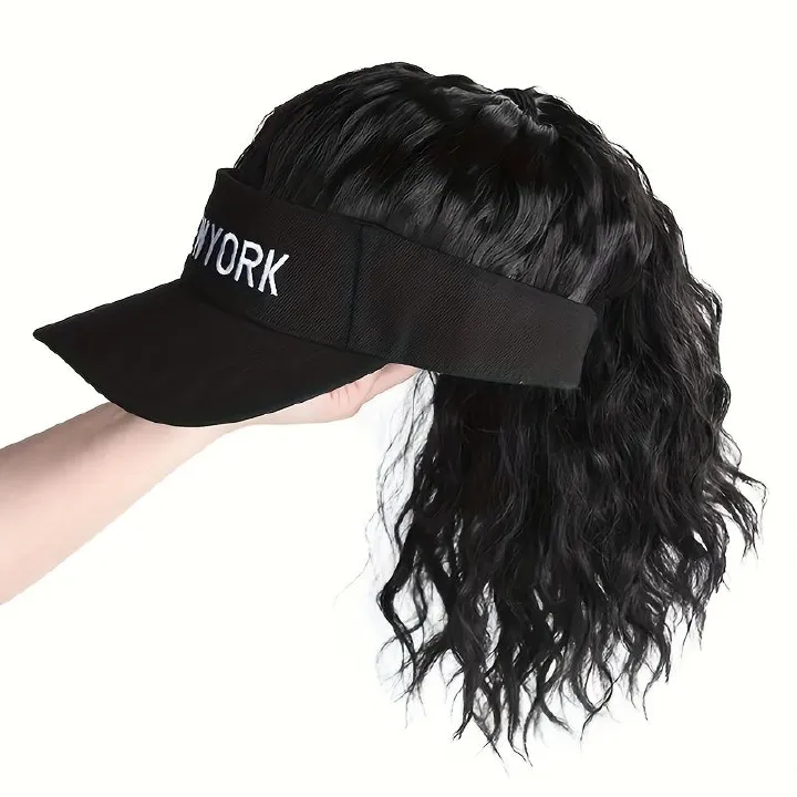 Women's Adjustable Baseball Cap Wig With Synthetic Curly Ponytail Extension Sporty Style Visor Hat