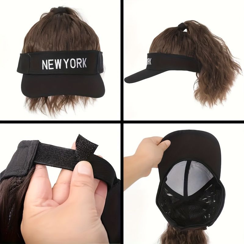 Women's Adjustable Baseball Cap Wig With Synthetic Curly Ponytail Extension Sporty Style Visor Hat