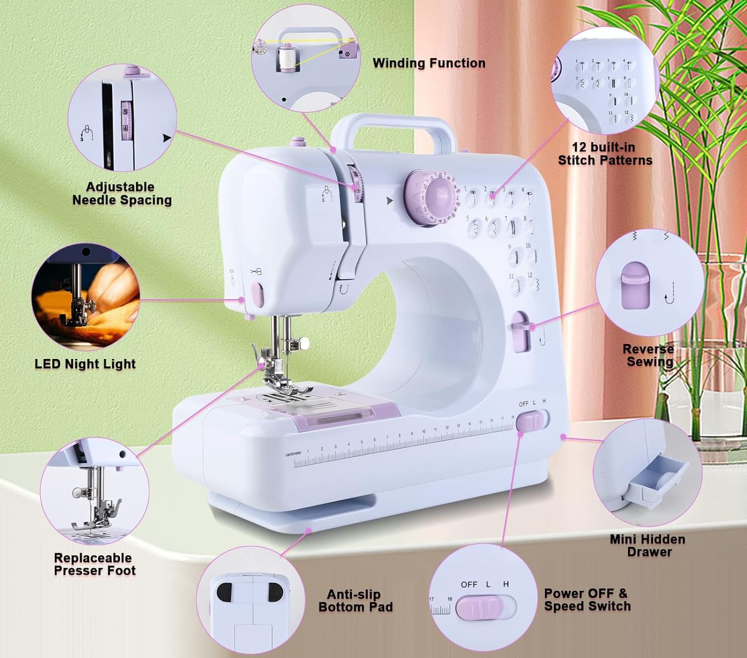 Home Mini Sewing Machine for Beginners 12 Built-in Stitches with Reverse Sewing with Accessory Kit Presser Foot Pedal