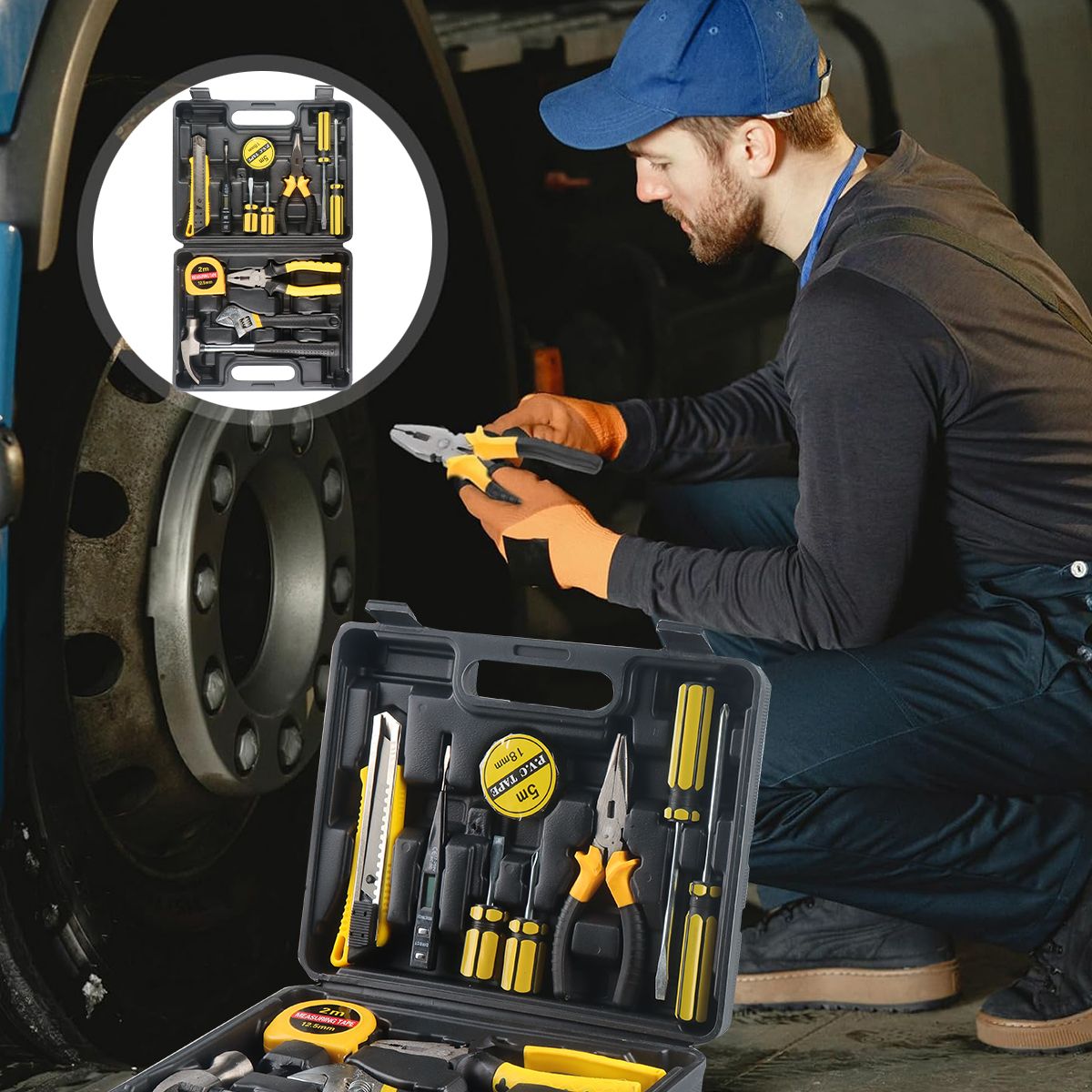 13 PCS Tools Set General House Hold Hand Tool Kit with Plastic Toolbox Storage Case Used to Car repair And home Repair