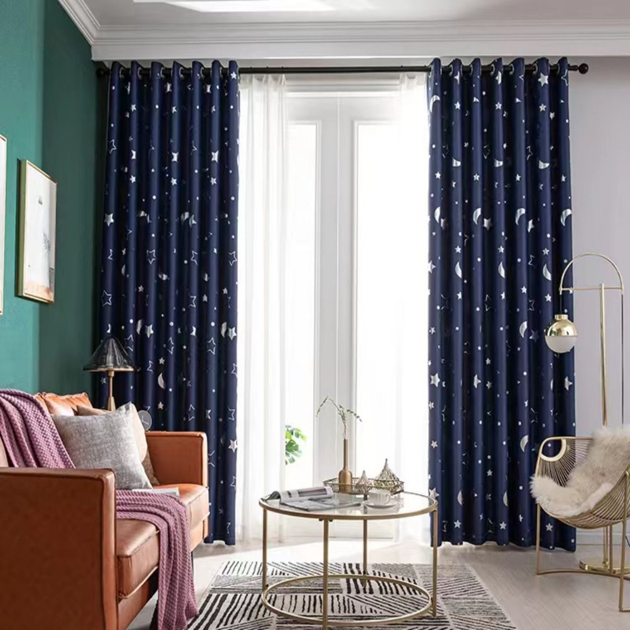 1pc Navy Blue Star Blackout Curtains Room Darkening Themed Insulated Space Curtains with Silver Star Moon Grommet Thermal Insulating Drapes