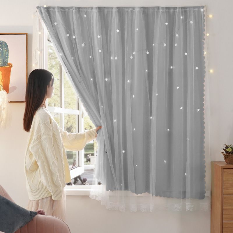 1pc Easy Install Punch-Free Lace Star Curtains Windows Bedroom Blackout Curtains  Thermal Insulated Kitchen Room Small Drapes