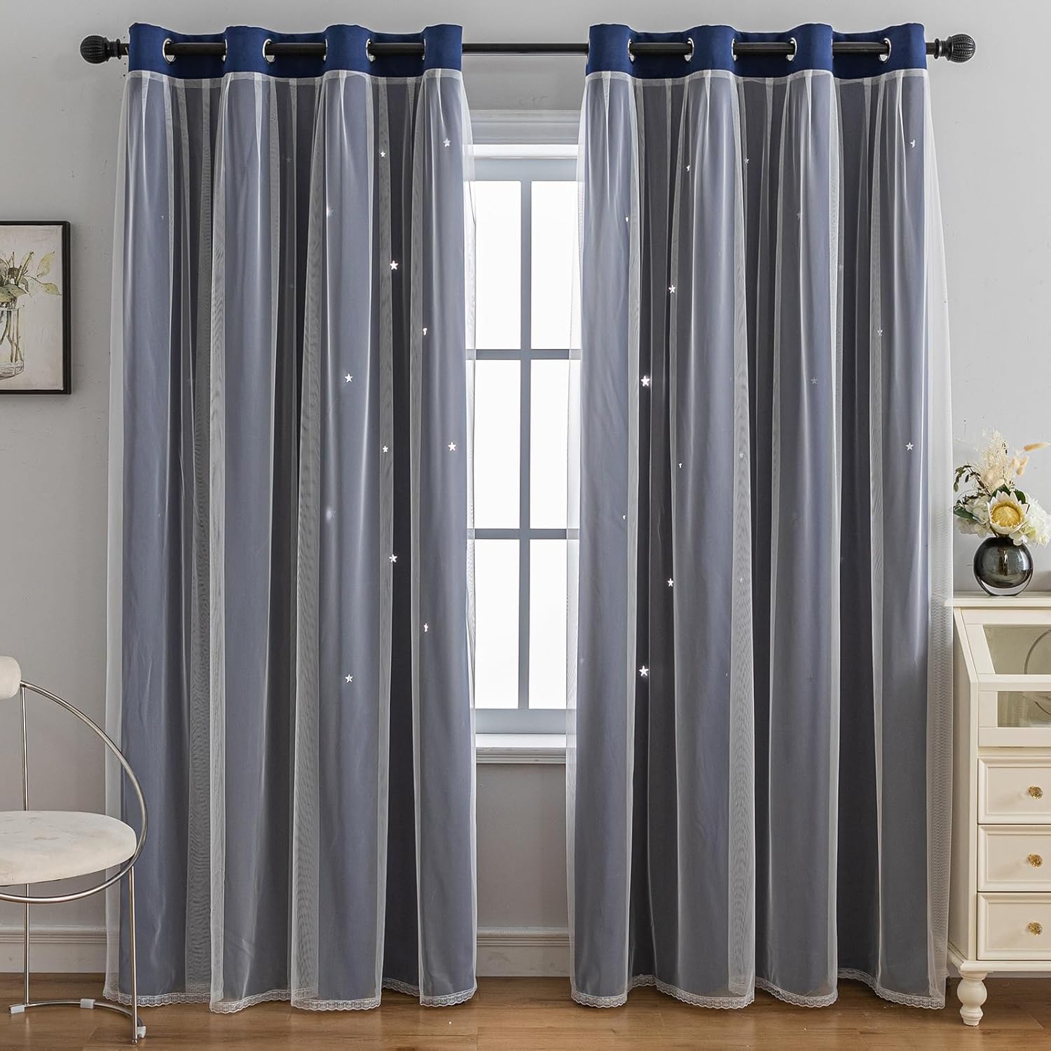 1pc Romantic Hollow-Out Stars Window Curtain Double Layer Blackout Curtains Grommet Top Window Treatment Curtain Panels for Living Room Bedroom