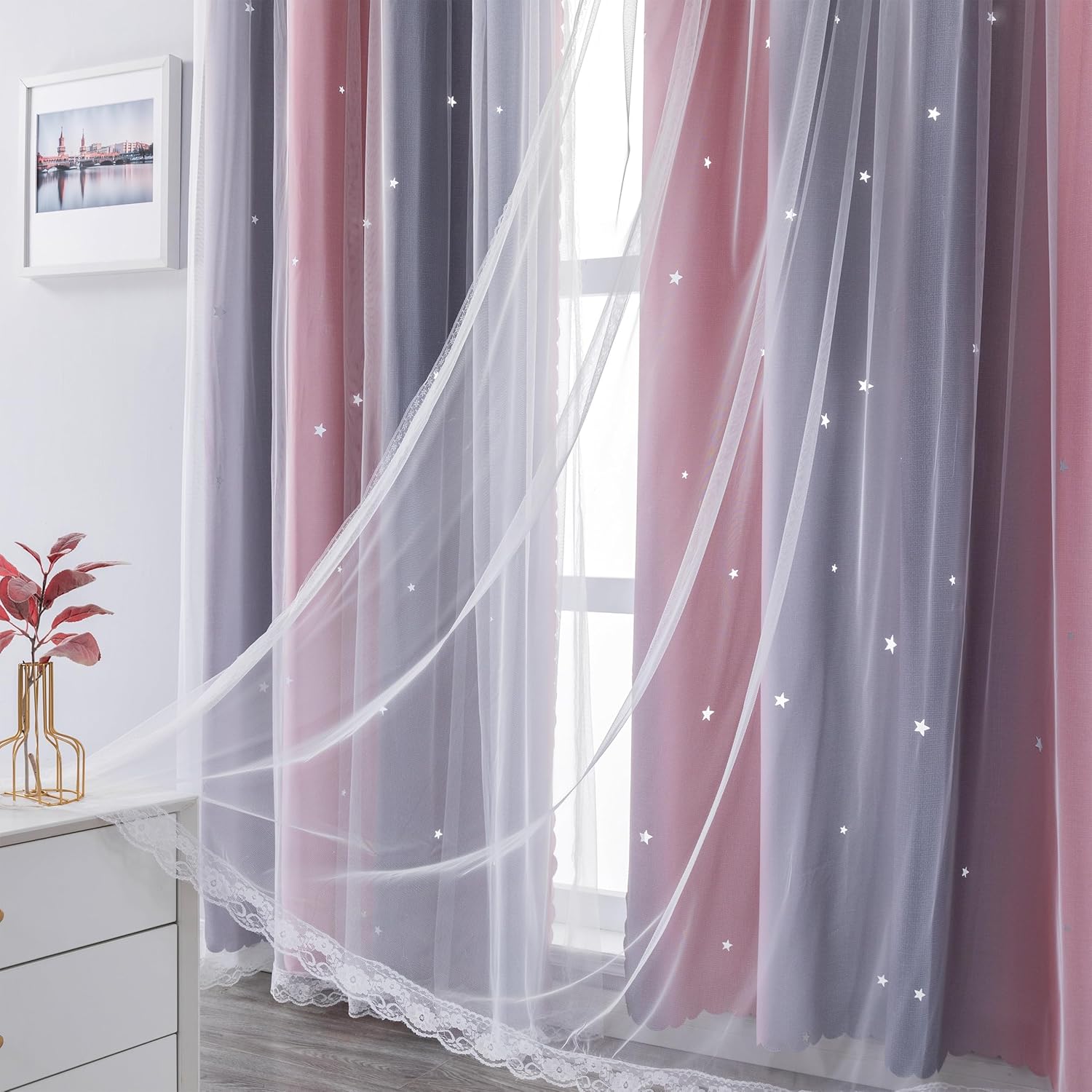 1pc Rainbow Ombre Star Cutouts Blackout Curtains High Blackout Curtains Grommet Top Double Layer Sheer Overlay Window Treatment