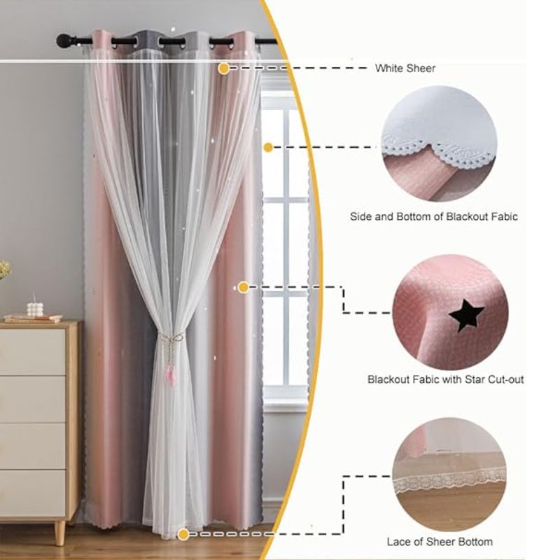 1pc Rainbow Ombre Star Cutouts Blackout Curtains High Blackout Curtains Grommet Top Double Layer Sheer Overlay Window Treatment