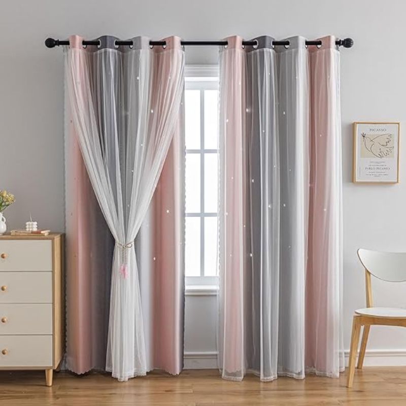 1pc Rainbow Ombre Star Cutouts Blackout Curtains High Blackout Curtains Grommet Top Double Layer Sheer Overlay Window Treatment