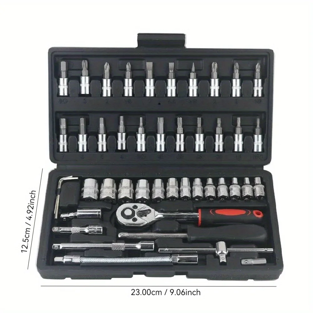 46Pcs Car Repair Tool Kit 1/4-Inch Socket Set Home Repair Tool Ratchet Torque Wrench Combo Auto Repairing Set Mechanic Tool
