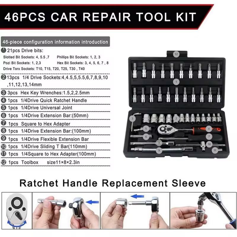 46Pcs Car Repair Tool Kit 1/4-Inch Socket Set Home Repair Tool Ratchet Torque Wrench Combo Auto Repairing Set Mechanic Tool