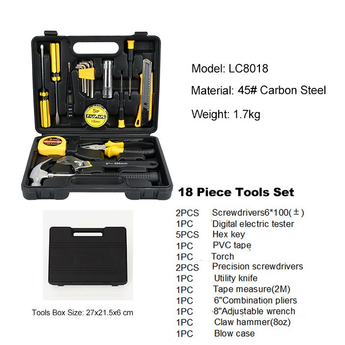 18pcs Tools Set General Household Hand Tool Kit with Plastic Toolbox Storage Case for Handyman Home Maintenance Car repair