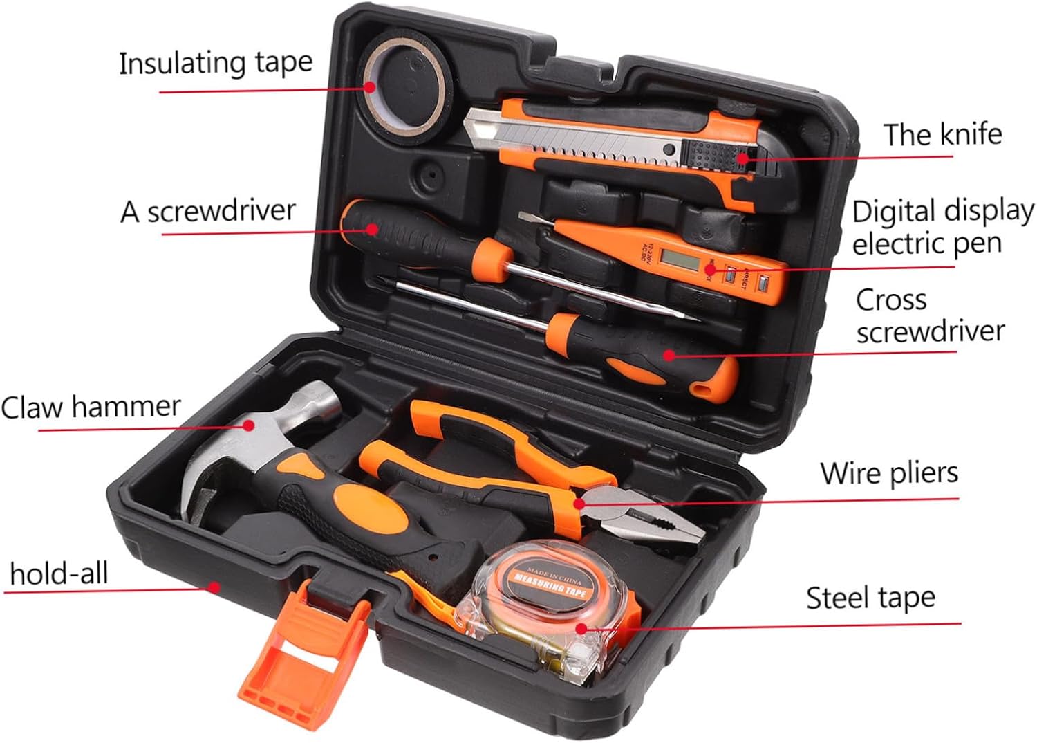 9pcs General Electric Drill Tool Repair Hand Tool Kit Household Car Repair Hand Tool with Plastic Toolbox Storage Case