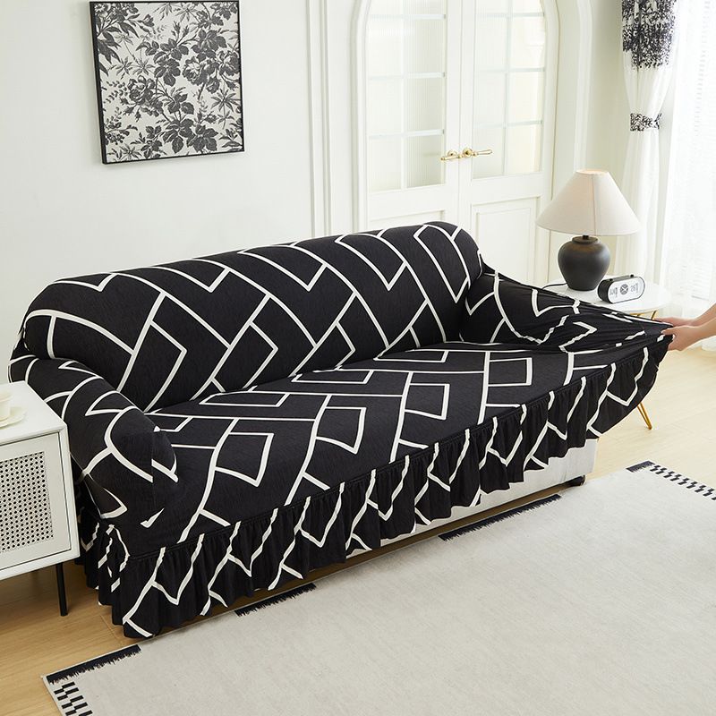 1pc Geometric Patterns Prints Sofa Cover with Ruffled Skirt Full Coverage Elastic Sofa Slipcover in the Living Room High Stretch Corner Sofa Covers