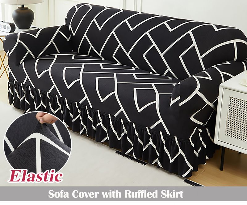 1pc Geometric Patterns Prints Sofa Cover with Ruffled Skirt Full Coverage Elastic Sofa Slipcover in the Living Room High Stretch Corner Sofa Covers