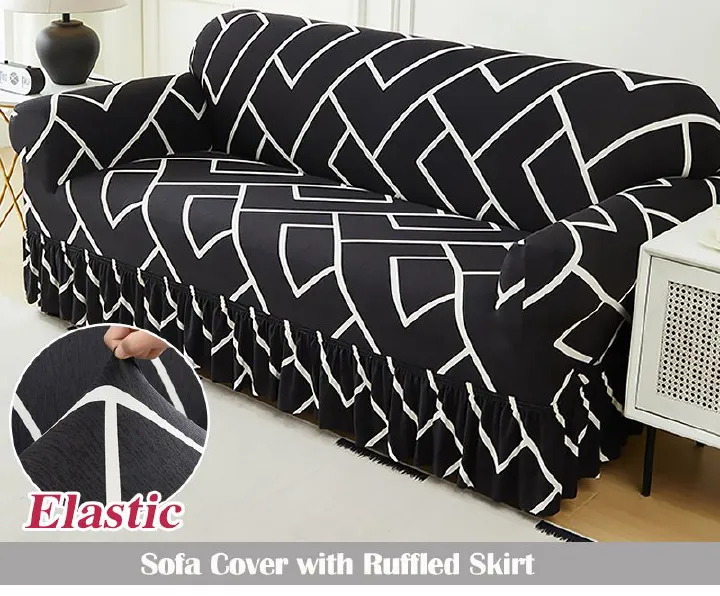 1pc Geometric Patterns Prints Sofa Cover with Ruffled Skirt Full Coverage Elastic Sofa Slipcover in the Living Room High Stretch Corner Sofa Covers