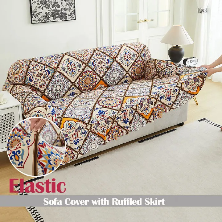 1 PC Bohemian Printed sofa cover with skirt high elasticity soft hand feel pet stain resistant decorative sofa