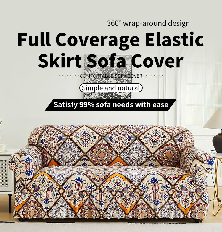 1 PC Bohemian Printed sofa cover with skirt high elasticity soft hand feel pet stain resistant decorative sofa