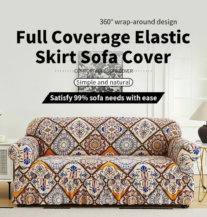 Bohemian Printed sofa cover with skirt high elasticity soft hand feel pet stain resistant decorative sofa