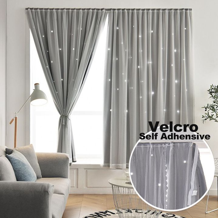 1pc Easy Install Punch-Free Lace Star Curtains Windows Bedroom Blackout Curtains  Thermal Insulated Kitchen Room Small Drapes