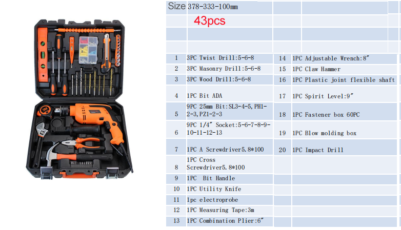 43 Pcs Set of Impact Drill Soft Connector Toolbox Multifunctional Manual Electric Hardware Hand Carry Case Packaged Hand Tools Set Home Repair Tool Box