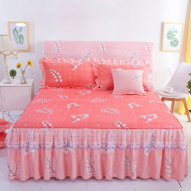 3 pcs of Fine Pink Mosaic Bedspread (NO Duvet&Duvet Corver&Pillow) Double Lace Bedspread Bed Skirt Skin Friendly Quilt Cover Romantic Bedroom Style