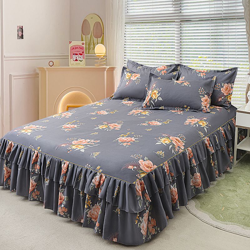 3pcs Bed Skirt Set(NO Duvet&Duvet Corver&Pillow) Flowers Bloom Gray Bed Sets Lace Ruffle Skin-friendly All Seasons Universal Non-slip Bed Sheets