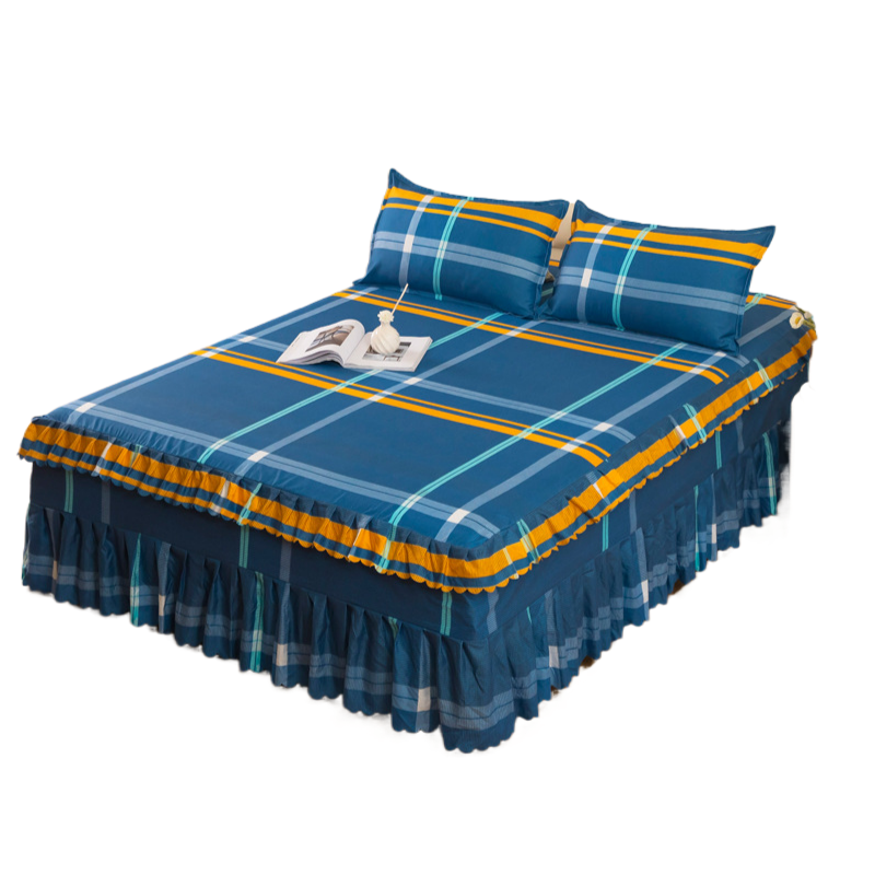 3pcs Elegant Plaid Bed Sheet Sets (NO Duvet&Duvet Cover&Pillow) Triple Ruffle Bedspread Bed Skirt Skin-friendly Bedding Set