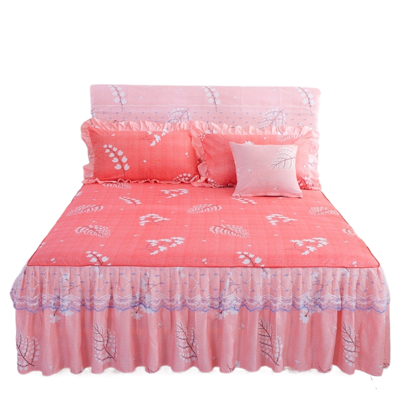 3 pcs of Fine Pink Mosaic Bedspread (NO Duvet&Duvet Corver&Pillow) Double Lace Bedspread Bed Skirt Skin Friendly Quilt Cover Romantic Bedroom Style