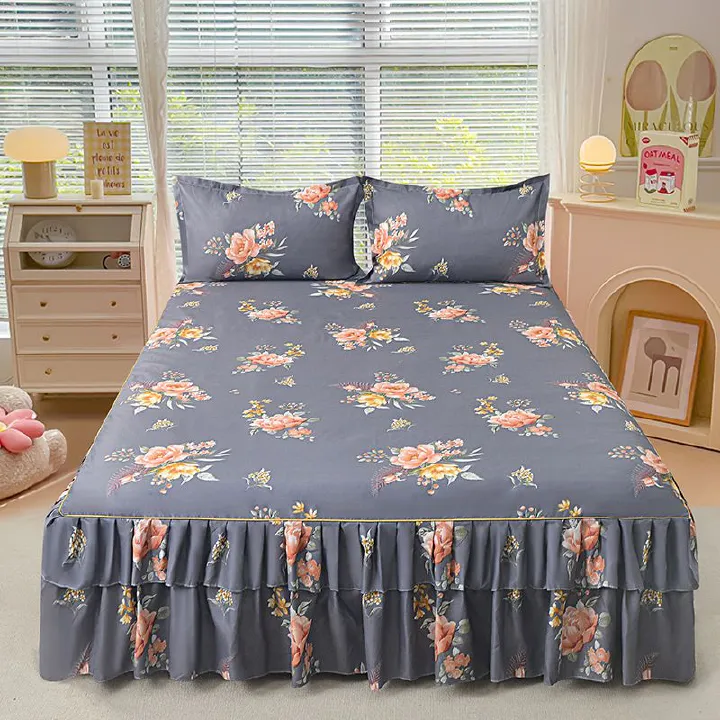 3pcs Bed Skirt Set(NO Duvet&Duvet Corver&Pillow) Flowers Bloom Gray Bed Sets Lace Ruffle Skin-friendly All Seasons Universal Non-slip Bed Sheets