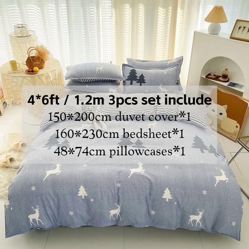 3/4pcs Fashion Christmas Elk Deer Print Duvet Cover Set (NO Duvet&Pillow) Washed Cotton Cozy Durable Bedding Sets without quilt pillow