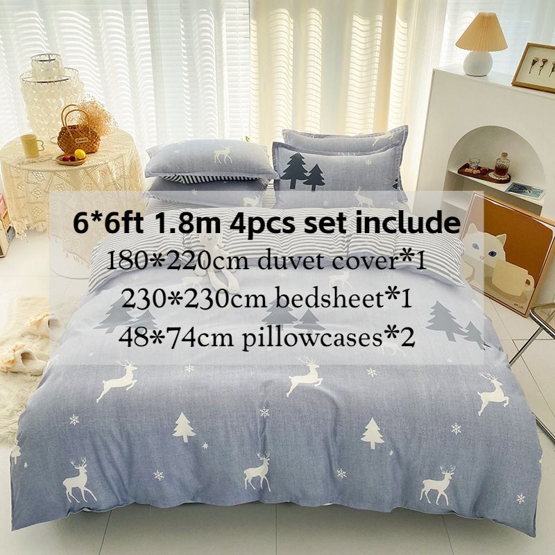3/4pcs Fashion Christmas Elk Deer Print Duvet Cover Set (NO Duvet&Pillow) Washed Cotton Cozy Durable Bedding Sets without quilt pillow