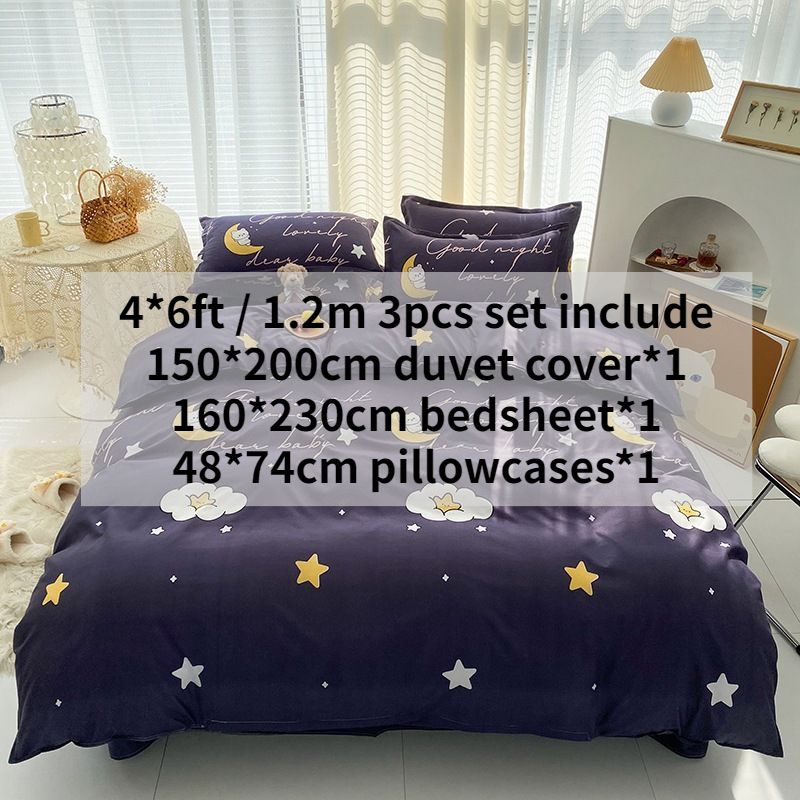 3/4pcs 100% Washed Cotton Duvet Cover Set (NO Duvet&Pillow) Star Moon Night Print Soft Breathable Bedding Set
