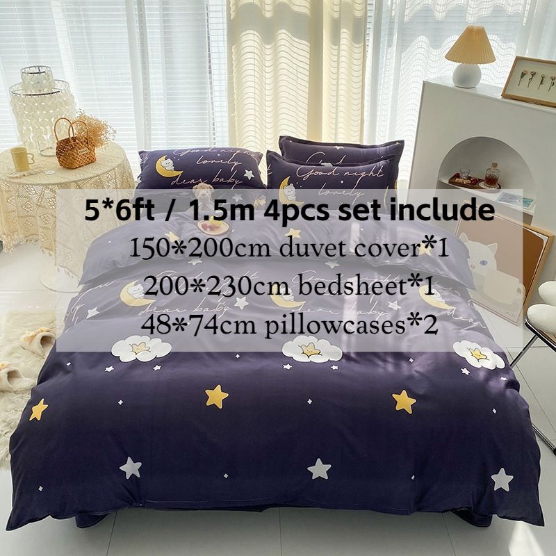 3/4pcs 100% Washed Cotton Duvet Cover Set (NO Duvet&Pillow) Star Moon Night Print Soft Breathable Bedding Set