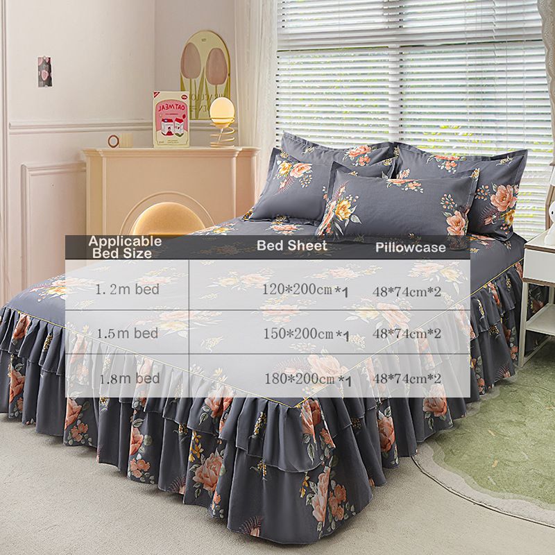 3pcs Bed Skirt Set(NO Duvet&Duvet Corver&Pillow) Flowers Bloom Gray Bed Sets Lace Ruffle Skin-friendly All Seasons Universal Non-slip Bed Sheets