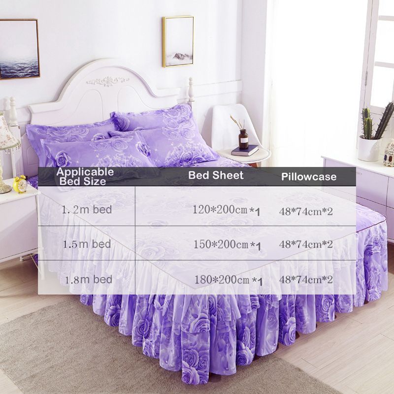 3pcs Bed Skirt Set(NO Duvet&Duvet Corver&Pillow) Purple Rose Bed Sets Ruffle Skin-friendly All Seasons Universal Non-slip Bed Sheets