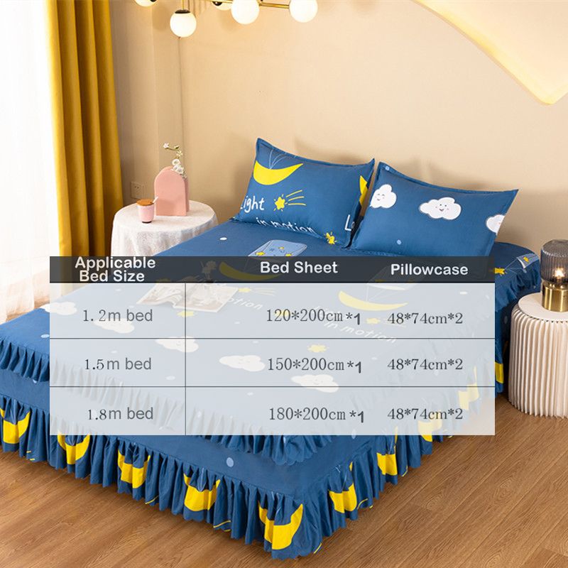 3pcs Night Moon Bed Skirt Sets (NO Duvet&Duvet Cover&Pillow) Ruffle Bedspread Bed Skin-friendly Sheet Set