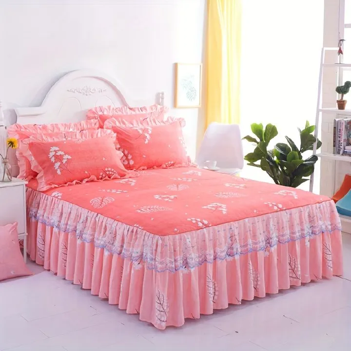 3 pcs of Fine Pink Mosaic Bedspread (NO Duvet&Duvet Corver&Pillow) Double Lace Bedspread Bed Skirt Skin Friendly Quilt Cover Romantic Bedroom Style