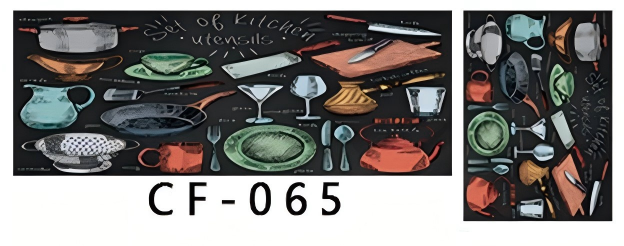 2-Piece Black Background Colorful Doodle Kitchen Rug Set - Non-Slip Rubber Backing Mats with Various Utensil Designs, Water Absorbent & Oil Resistant for Home Decor